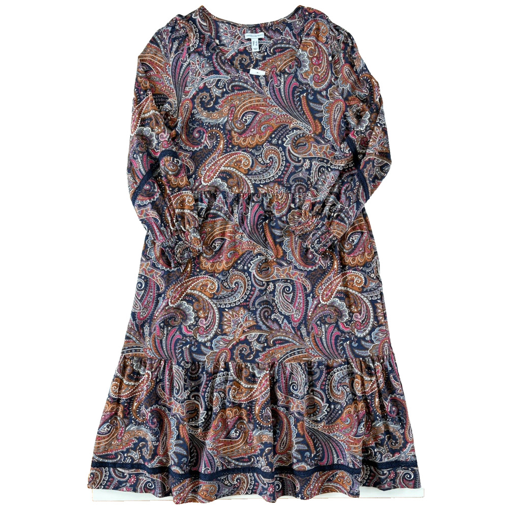 Canyon Retreat Paisley Boho Midi‎ Maxi Tiered Dress Smocked Purple Pink Orange L